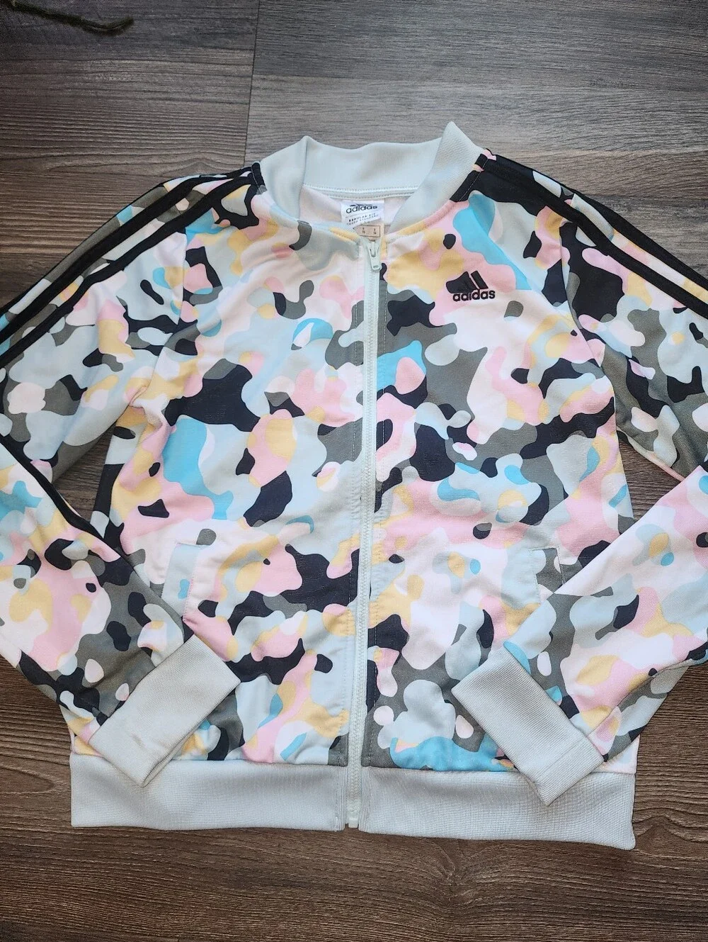 SOLD Girls Adidas Track Bomber Jacket XL 16 Camo Blue Pink Gray Tricot Regular